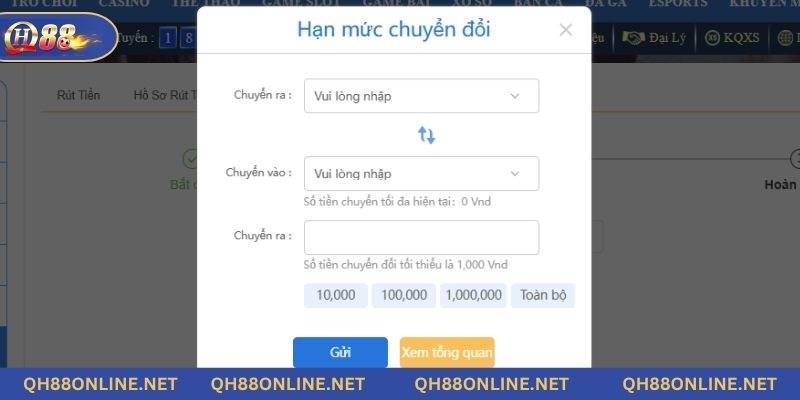 Người chơi cần chuyển quỹ trước khi thực hiện rút tiền đổi thưởng