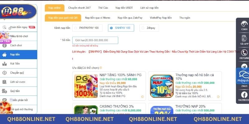 Chọn các phương thức nạp tiền khác nhau tại nhà cái QH88